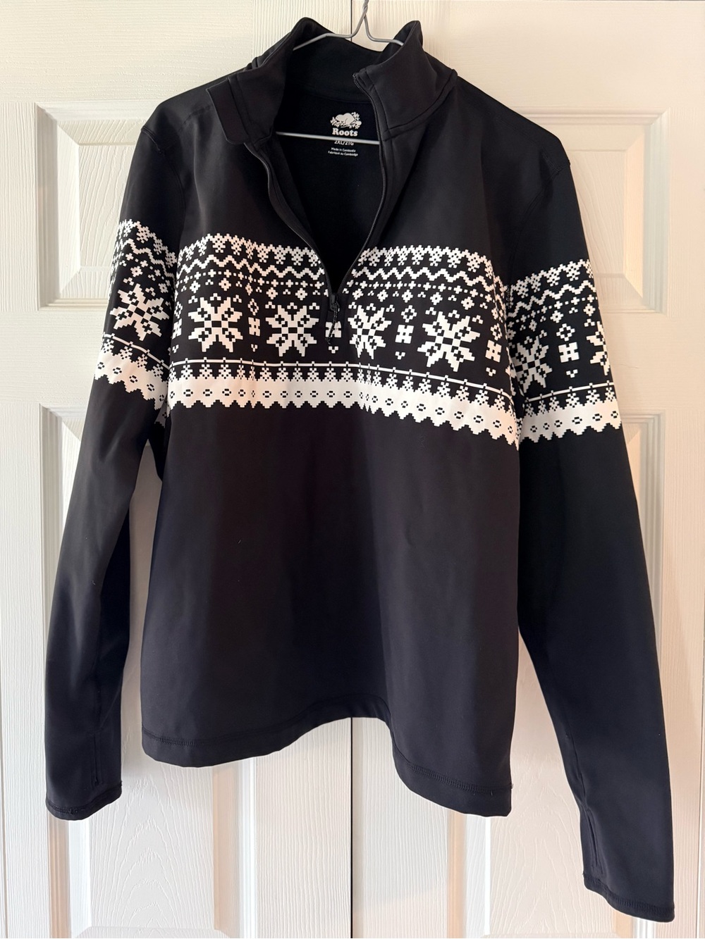 Roots Black Half-Zip Turtleneck Sweater with White Nordic Pattern